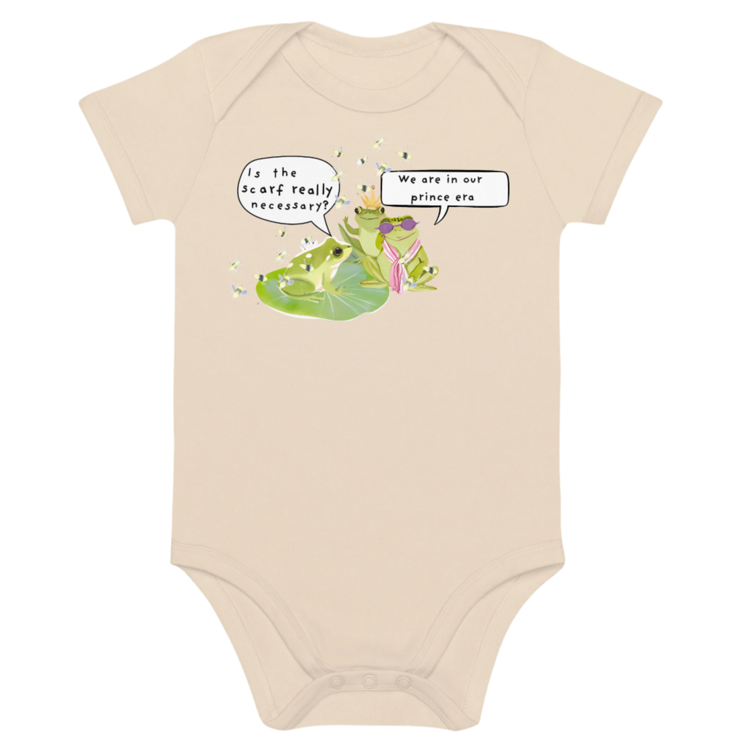 White baby bodysuit with a funny frog-themed design
