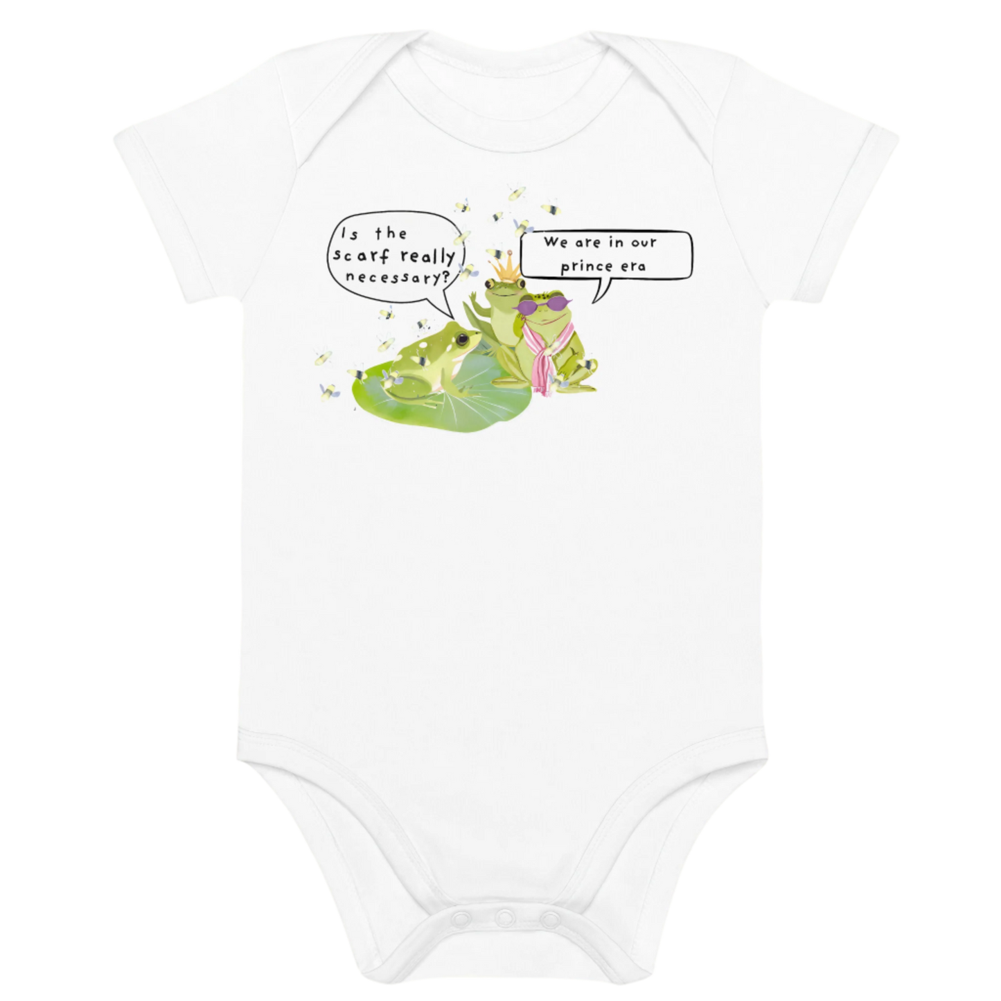 White baby bodysuit with a funny frog-themed design