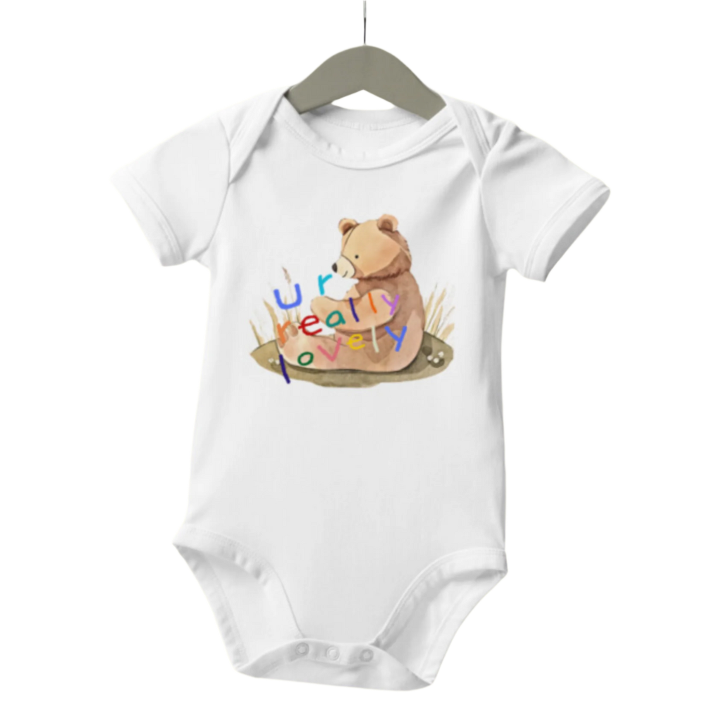 Teddy Bear Graphic Organic Cotton Baby Bodysuit in White