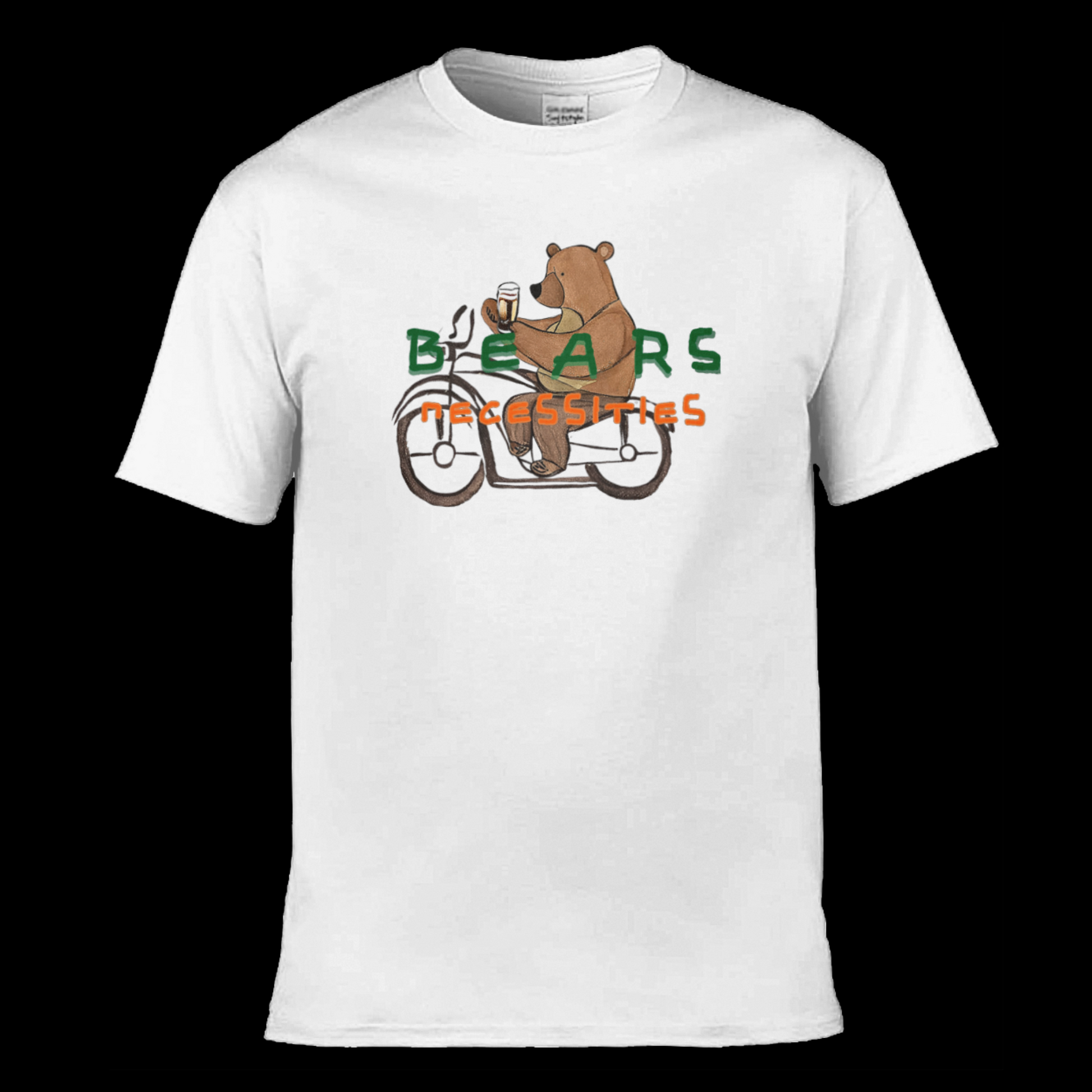 White t-shirt featuring a graphic of a bear cycling while holding an Irish beer, with the words 'Bears Necessities' displayed on top.