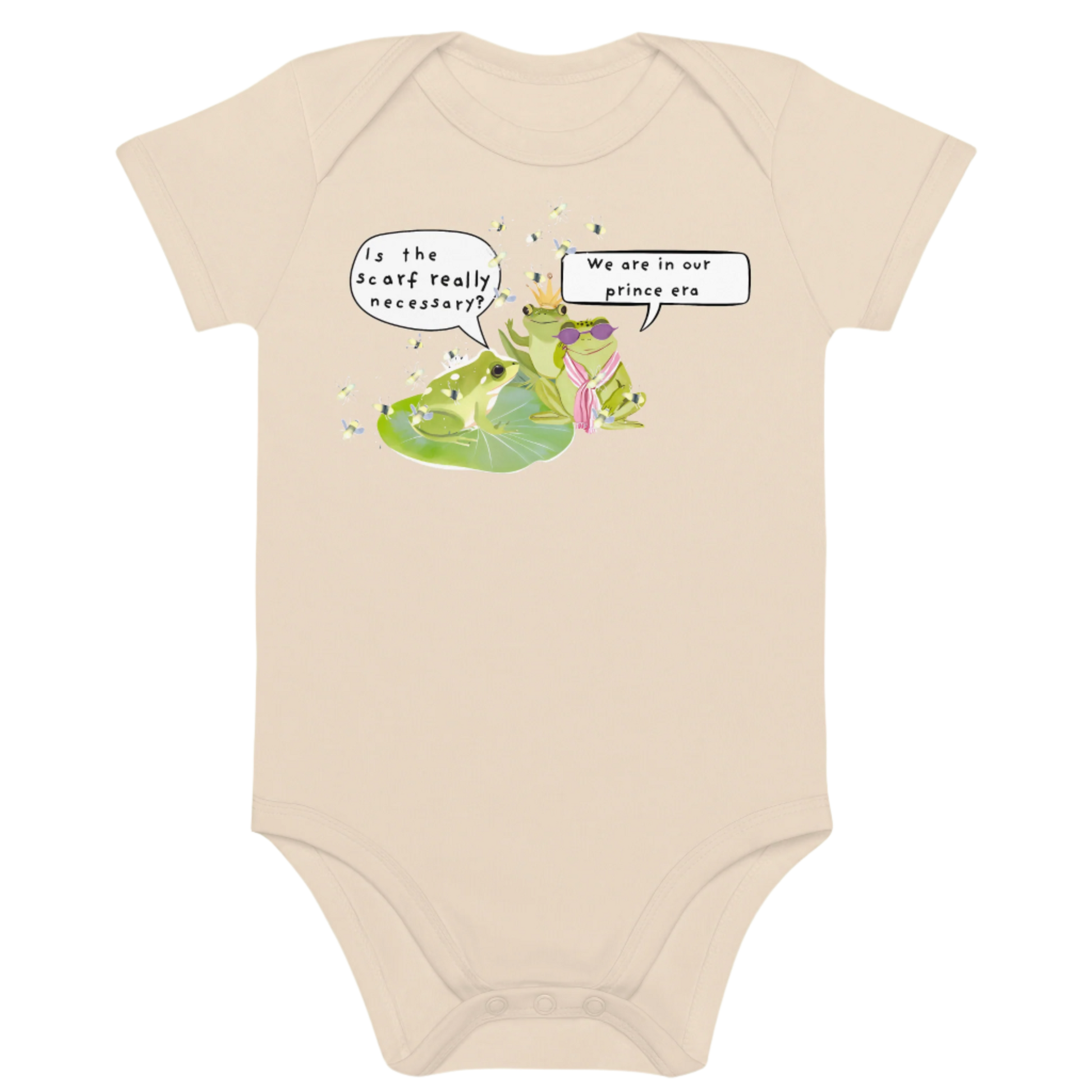 White baby bodysuit with a funny frog-themed design