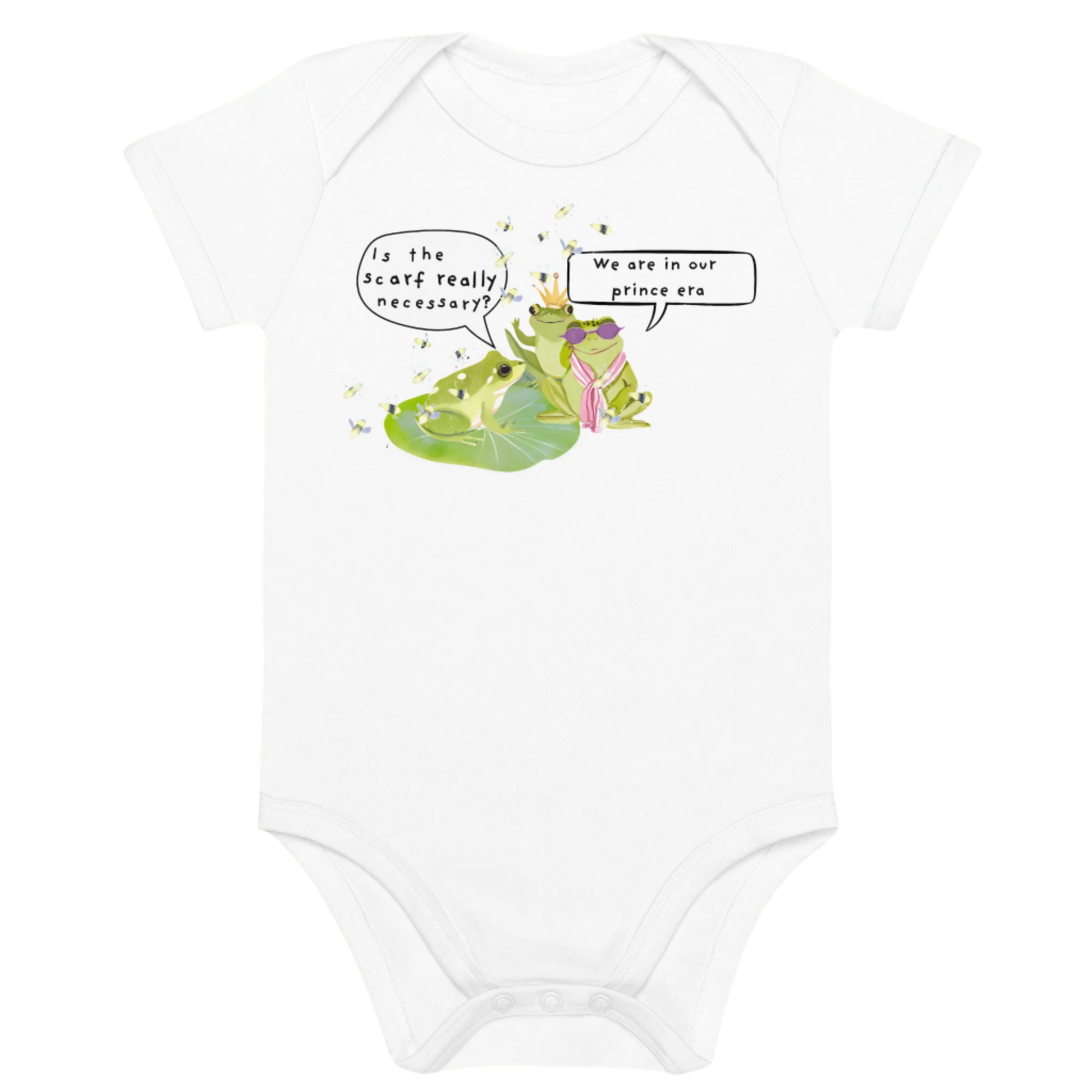 White baby bodysuit with a funny frog-themed design