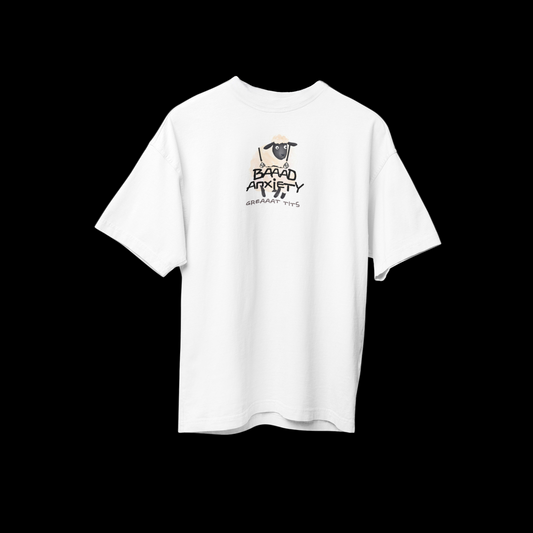 White oversized t-shirt with a front graphic design of a sheep looking anxious with a black bra on with the words "BAAAD ANXIETY, Greaaat tits" written on top.