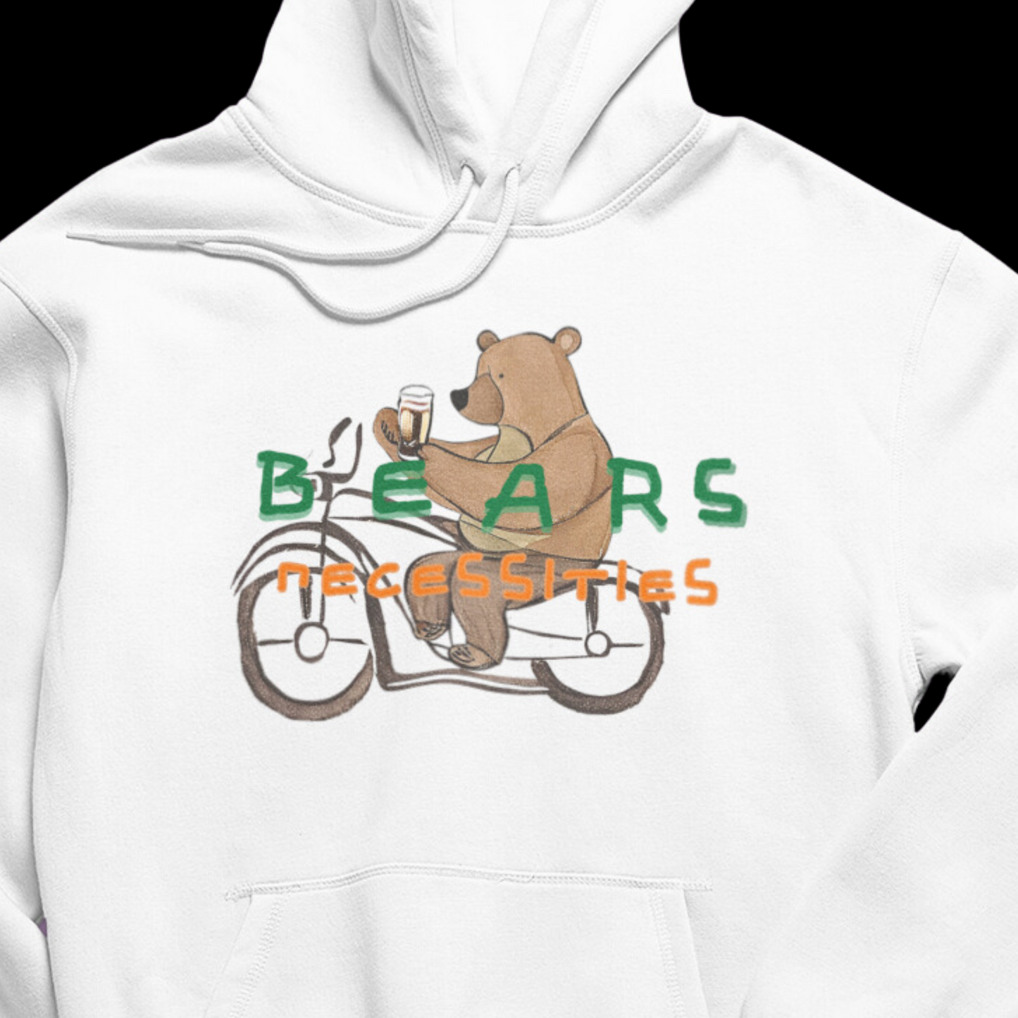 Cosy hoodie featuring a playful graphic of a bear riding a bike with an Irish beer in hand, topped with the phrase 'Bear's Necessities.'