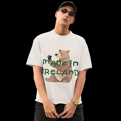 White oversized heavyset graphic tee for men featuring a bear holding an Irish beer with the text 'Made in Ireland' above the graphic.