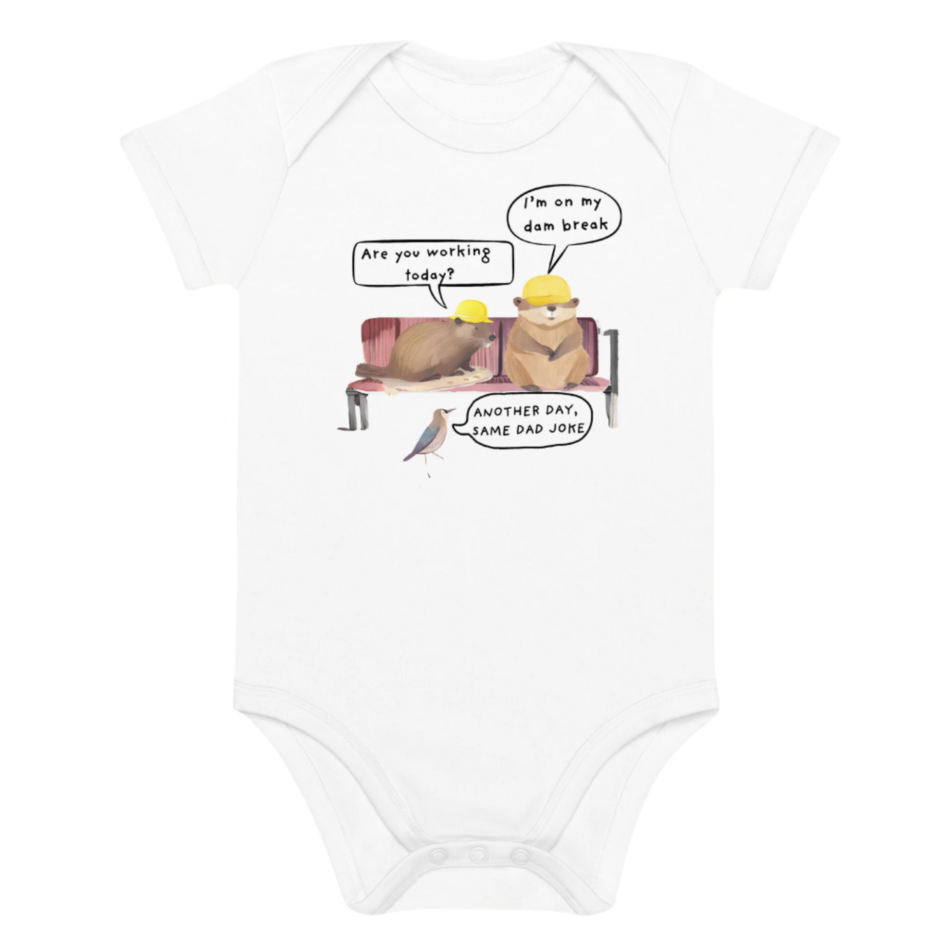 White Humorous Beaver-Themed Baby Bodysuit