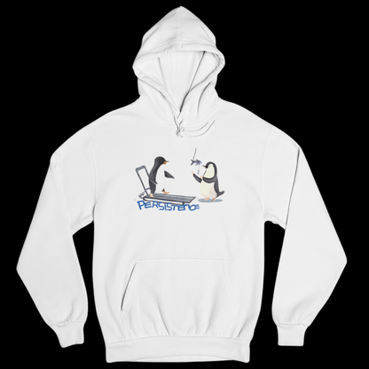 hoodie featuring a design of a penguin running on a treadmill with a penguin personal trainer holding a fish as motivation. The word "Persistence" is displayed above the graphic. Front graphic design