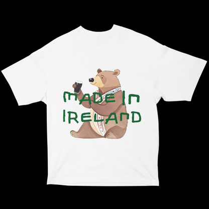 White oversized heavyset graphic tee for men featuring a bear holding an Irish beer with the text 'Made in Ireland' above the graphic.