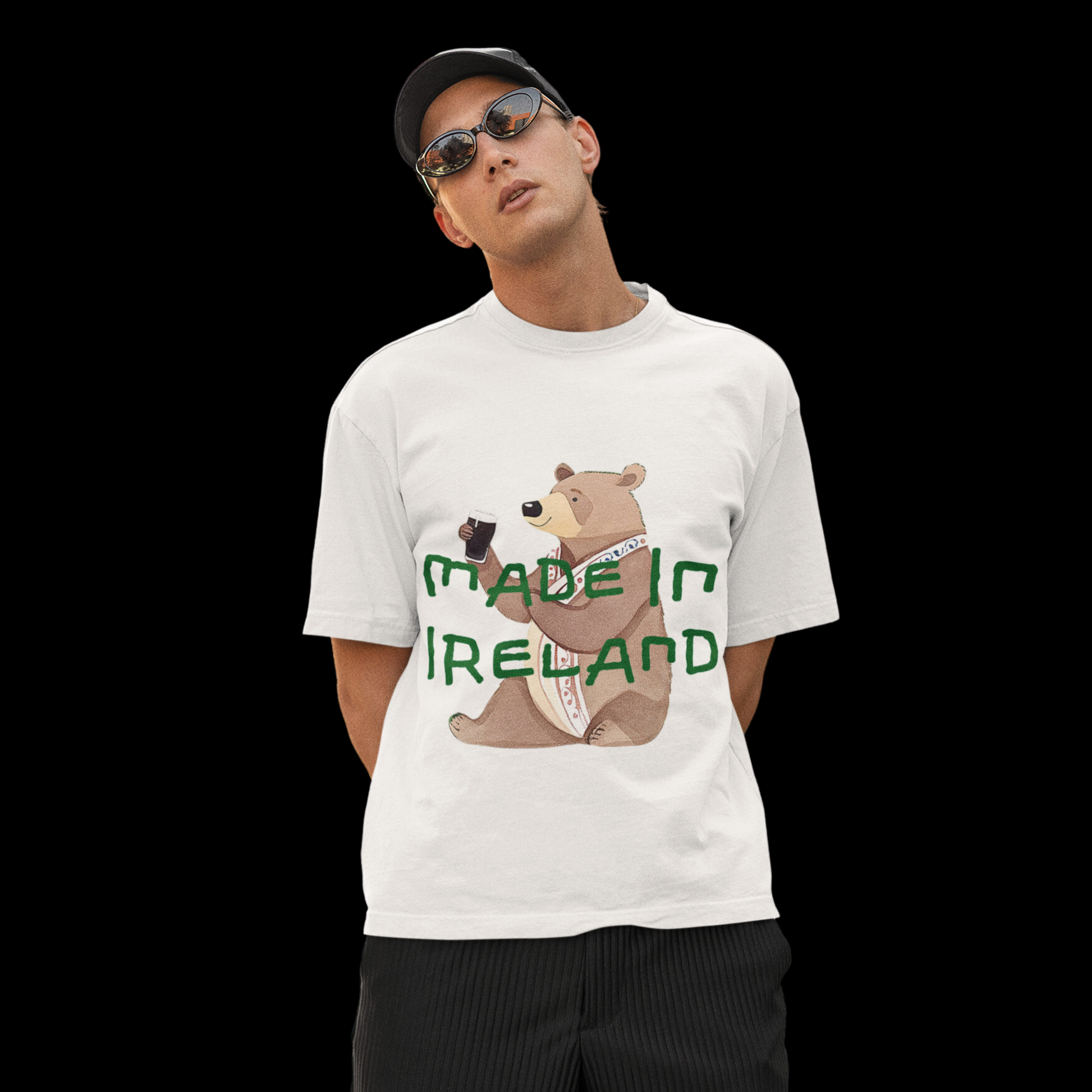 White oversized heavyset graphic tee for men featuring a bear holding an Irish beer with the text 'Made in Ireland' above the graphic.