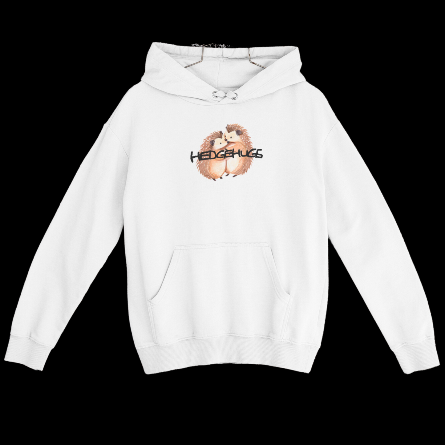 A cozy hoodie featuring a playful graphic of two hugging hedgehogs with the word "Hedgehugs" above them.