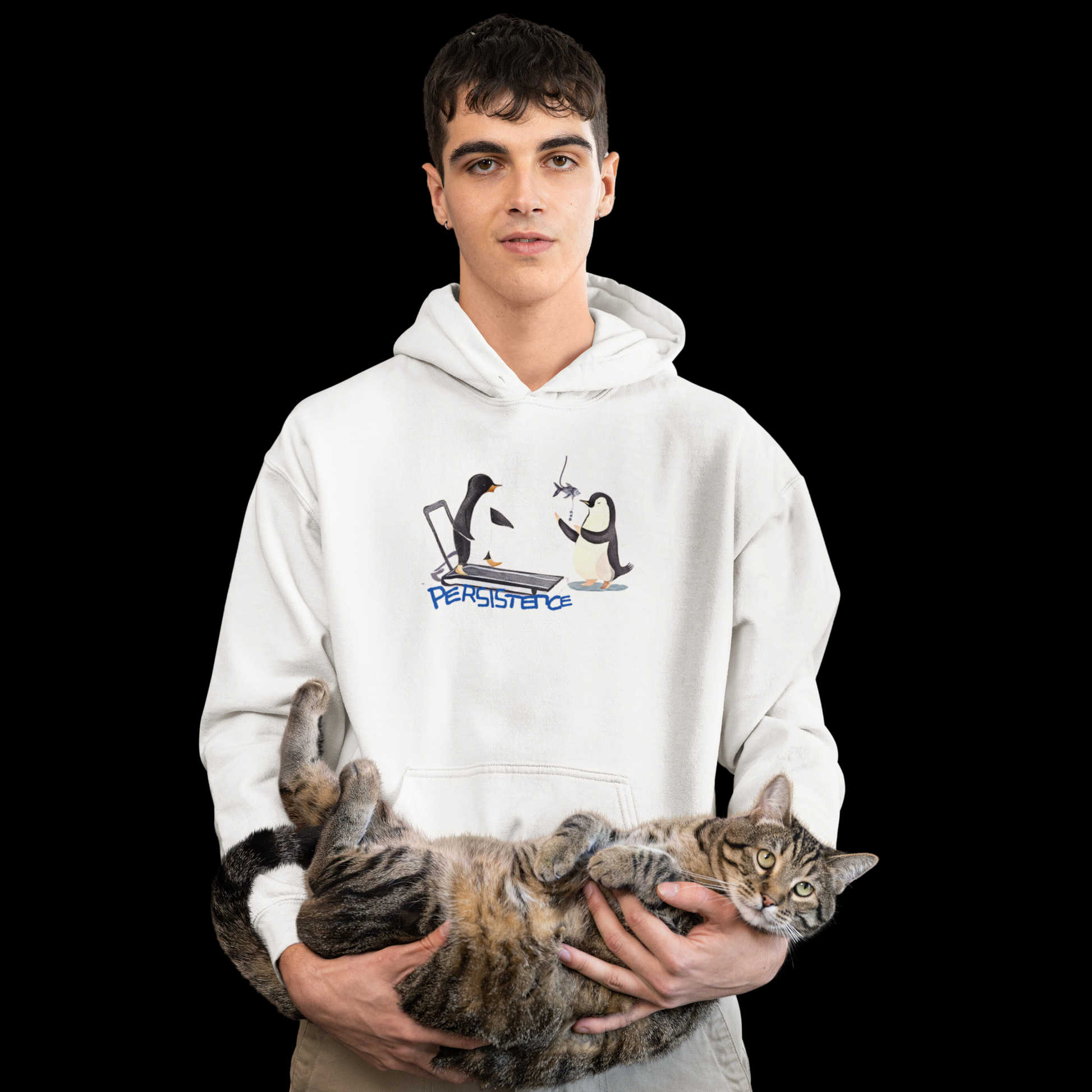 hoodie featuring a design of a penguin running on a treadmill with a penguin personal trainer holding a fish as motivation. The word "Persistence" is displayed above the graphic. 