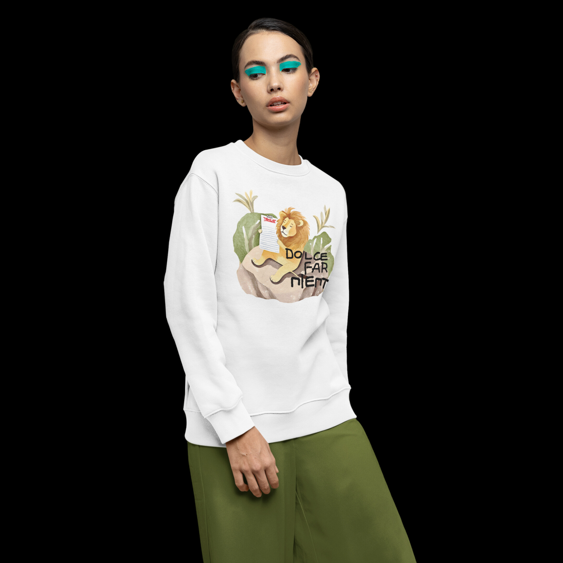 White crewneck sweatshirt with a front graphic of a lion relaxing on a rock. The graphic features an empty to-do list and the phrase 'Dolce Far Niente,' meaning 'the sweetness of doing nothing.'