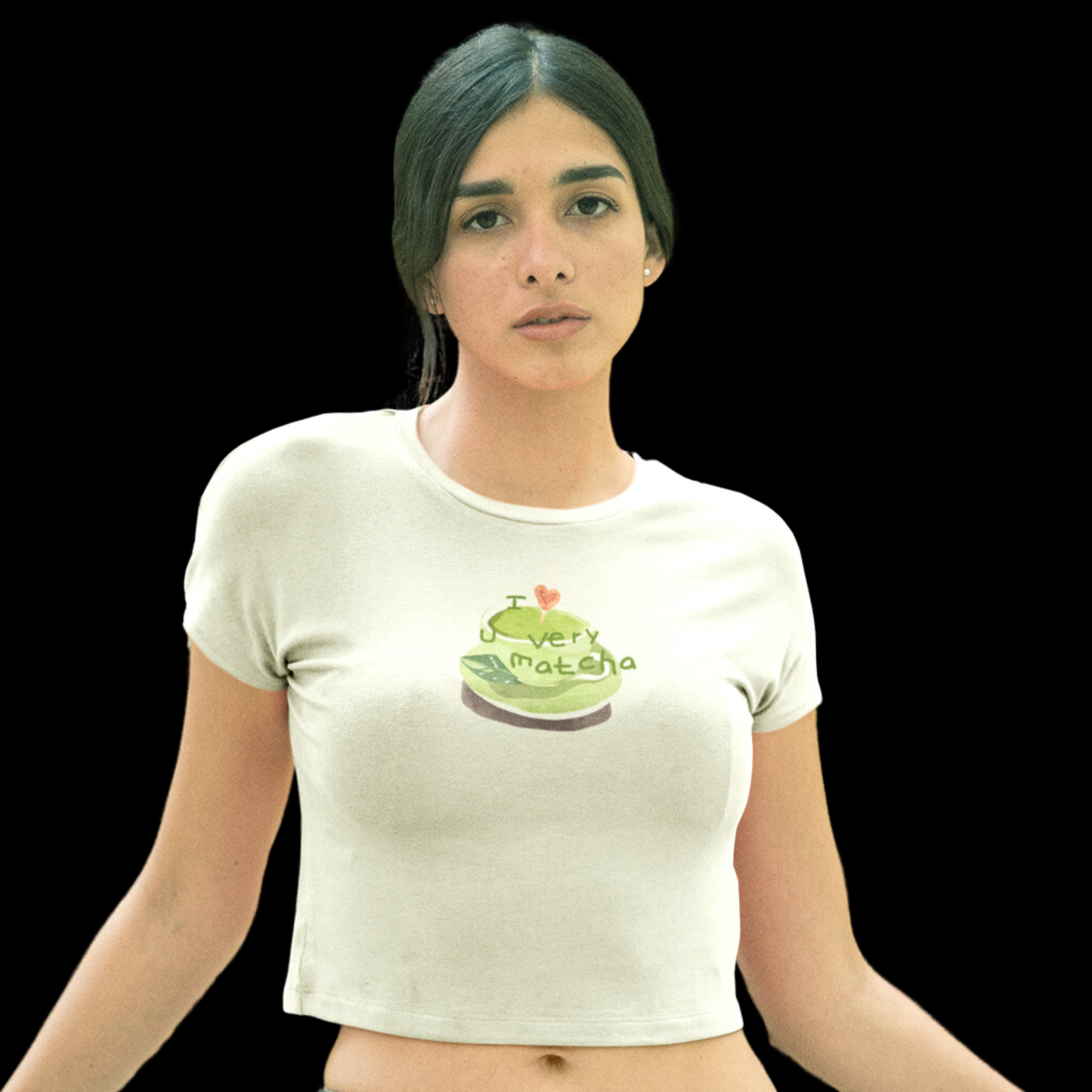 Womens Baby Tee with a green tea matcha cup graphic and the phrase 'I love you very matcha' in a minimalist design, featuring soft, lightweight fabric